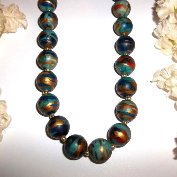 Vintage Jewelry - Vintage Necklace Beaded Blue Gold Fashion Accessory Jewelry Woman Unique C647